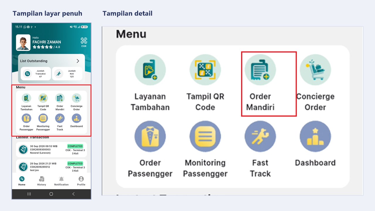 Menu Order Mandiri pada halaman Home aplikasi petugas