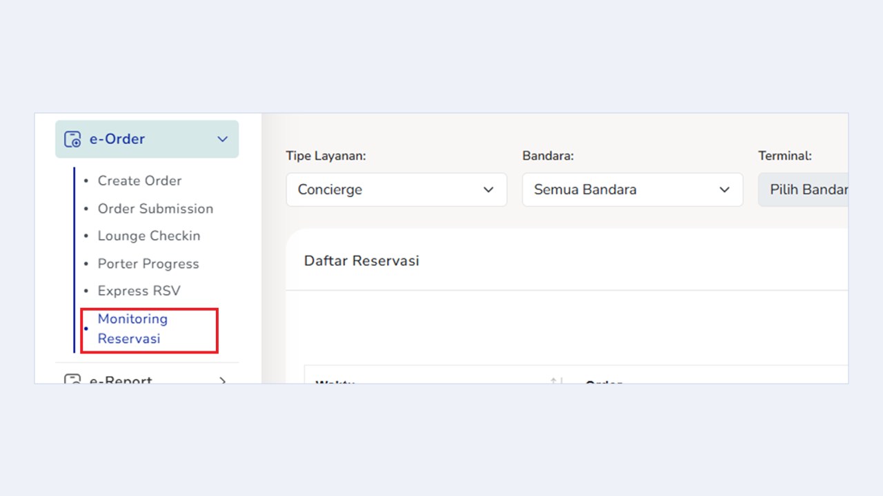 Menu e-Order dan submenu Monitoring Reservasi pada web admin