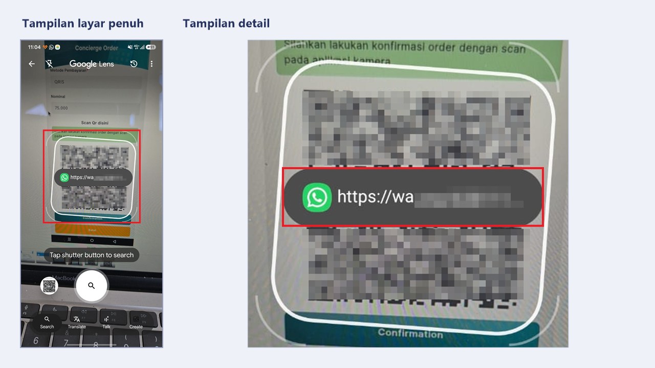 Kamera ponsel membaca QR konfirmasi dan menampilkan tautan WhatsApp