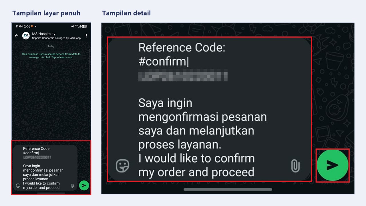 Pesan konfirmasi order di WhatsApp IAS Hospitality dengan tombol kirim