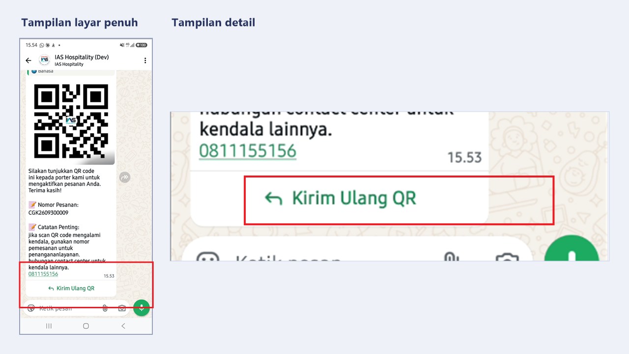 Tombol Kirim Ulang QR pada chat WhatsApp IAS Hospitality