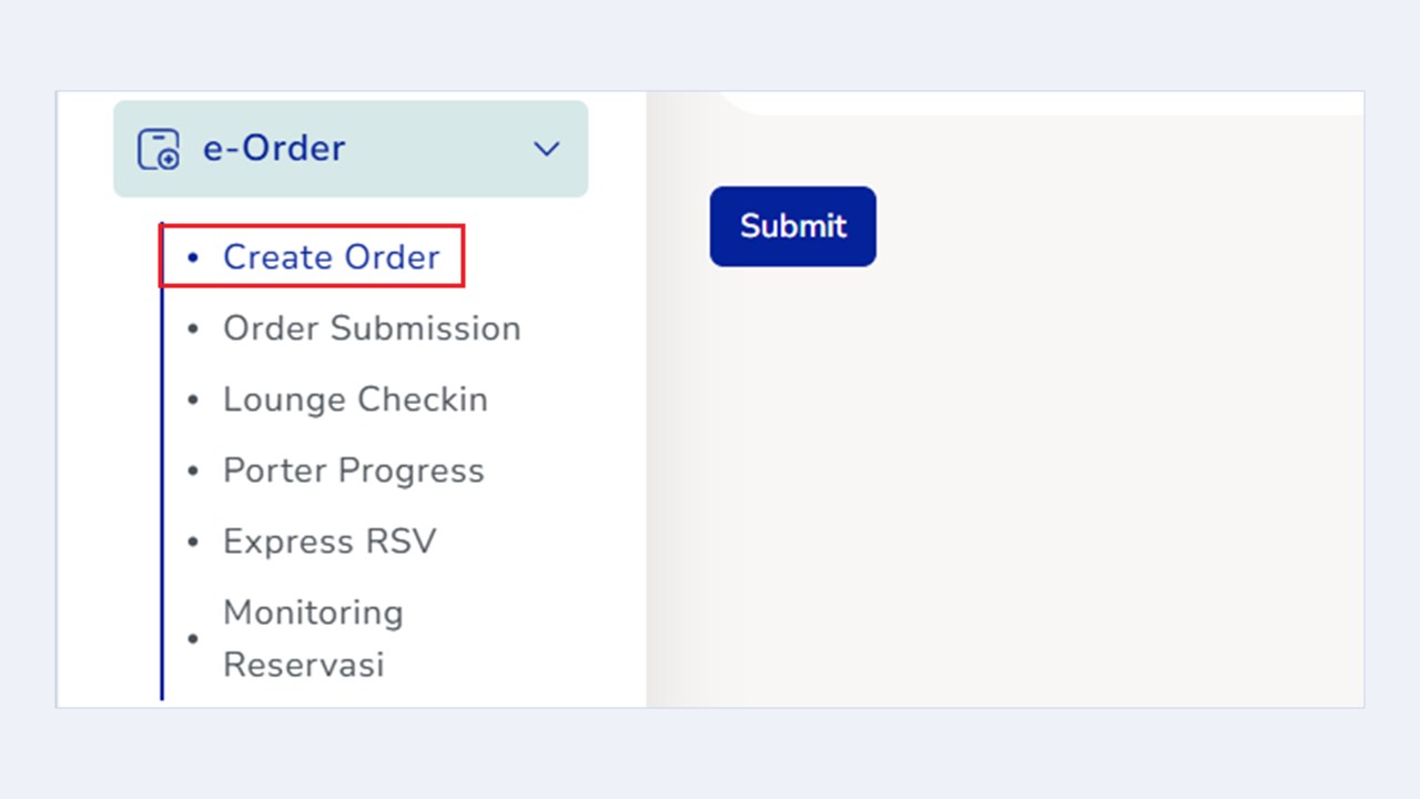 Menu e-Order dan submenu Create Order pada web admin