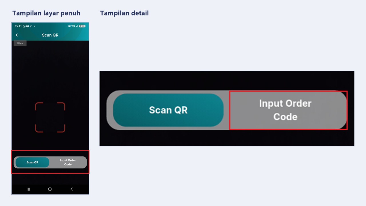 Tombol Input Order Code pada halaman Scan QR