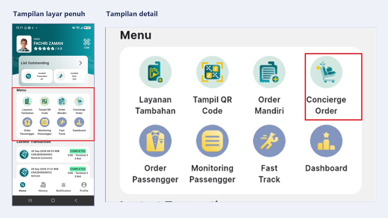 Menu Concierge Order pada halaman Home aplikasi petugas