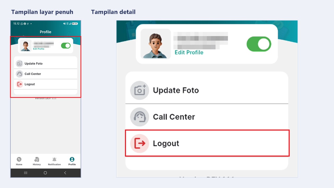 Halaman Profile aplikasi petugas dengan tombol Logout