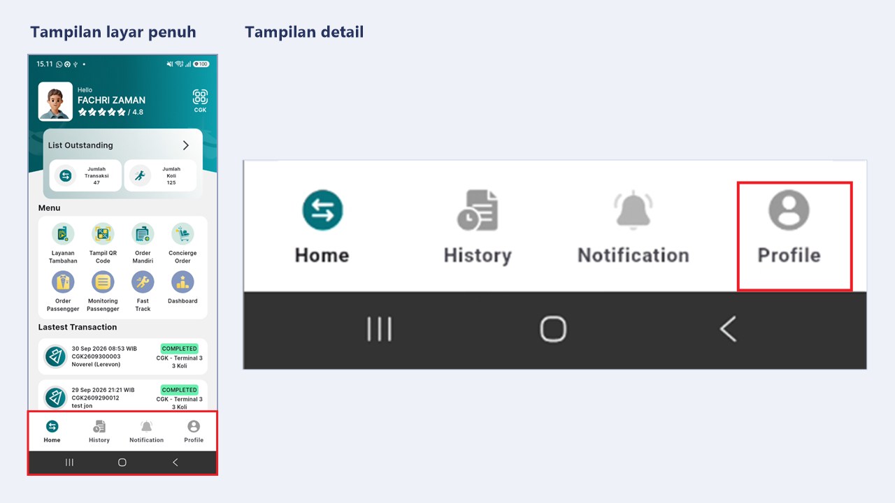 Bilah menu bawah aplikasi petugas dengan menu Profile