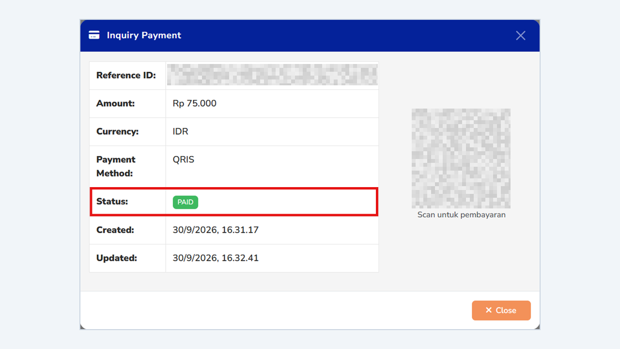 Jendela Inquiry Payment dengan status PAID