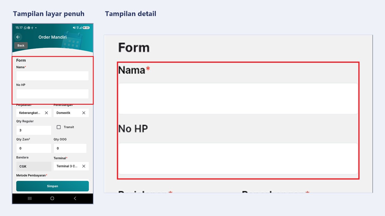 Kolom Nama dan No HP pada formulir Order Mandiri